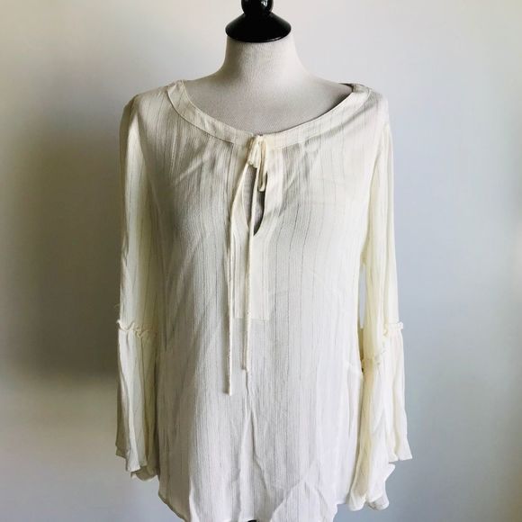 NWOT Ellen Tracy Stripe Cream Bell Sleeve Top Blouse Large - Picture 2 of 8